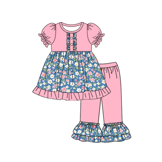 GSPO1814 Baby Girls Navy Pink Flowers Tunic Ruffle Pants Clothing Sets Preorder