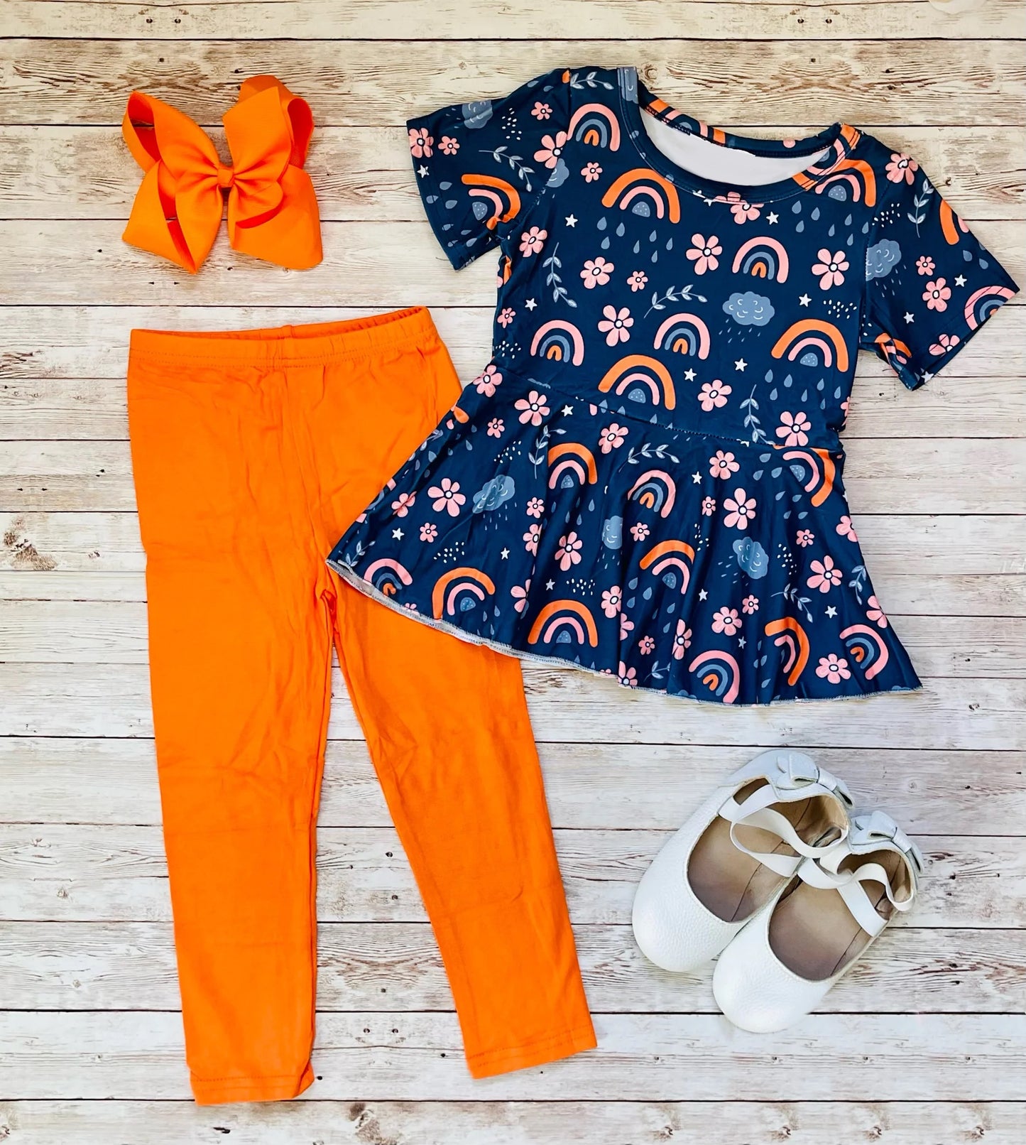 GSPO1816 Baby Girls Spring Rainbow Flowers Tunic Legging Clothes Sets Preorder
