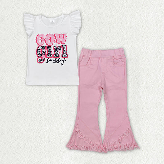 GSPO1817 Baby Girls Western Cowgirl Sassy Shirt Top Pink Fringe Denim Jeans Pants Clothes Sets