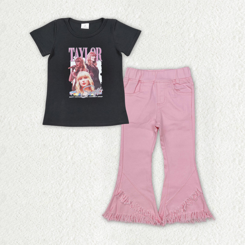 GSPO1818 Baby Girls Black Singer Shirt Top Pink Fringe Denim Jeans Pants Clothes Sets
