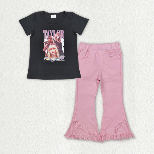 GSPO1818 Baby Girls Black Singer Shirt Top Pink Fringe Denim Jeans Pants Clothes Sets