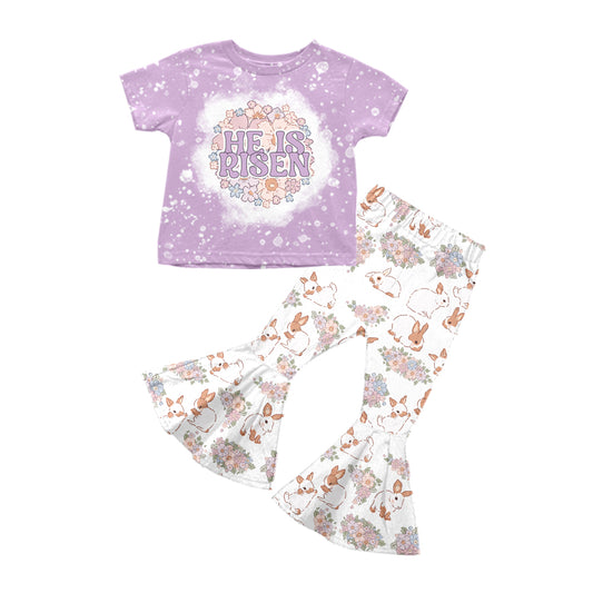 GSPO1819 Baby Girls Easter He Is Risen Top Rabbits Flowers Bell Pants Clothes Sets Preorder