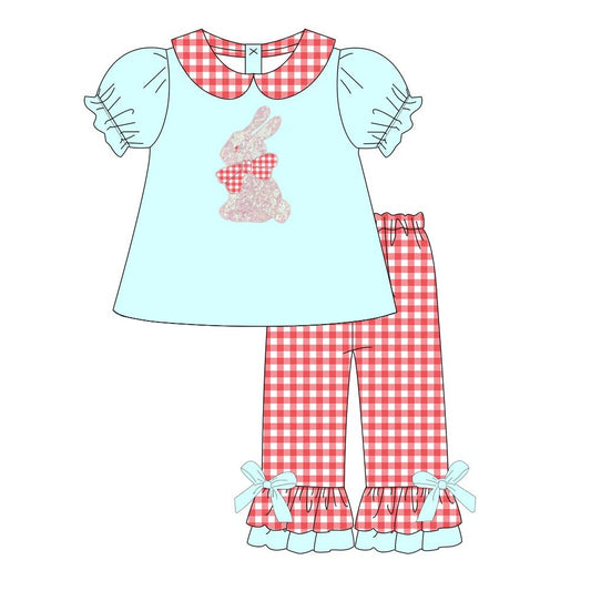 GSPO1820 Baby Girls Easter Green Rabbit Floral Tunic Ruffle Pants Clothes Sets Preorder
