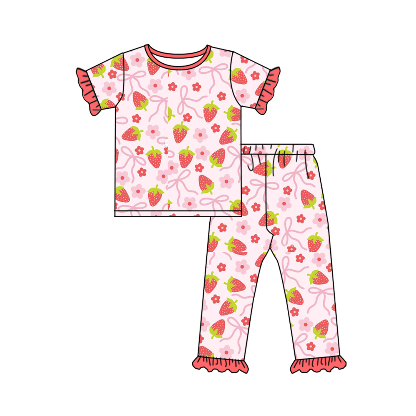 Baby Girls Red Bow Strawberry Ruffle Knee Length Dress - Short Sleeve Long Pants Set - Romper Mixed Sizes Pre-Order