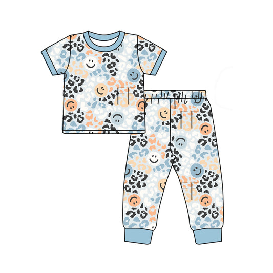 GSPO1824 Baby Girls Leopard Smile Bows Top Pants Pajamas Clothes Sets Preorder