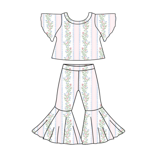 GSPO1825 Baby Girls Flutter Sleeve Leaves Flowers Shirt Bell Pants Clothes Sets Preorder