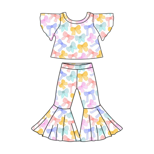 GSPO1826 Baby Girls Flutter Sleeve Colorful Bows Shirt Bell Pants Clothes Sets Preorder