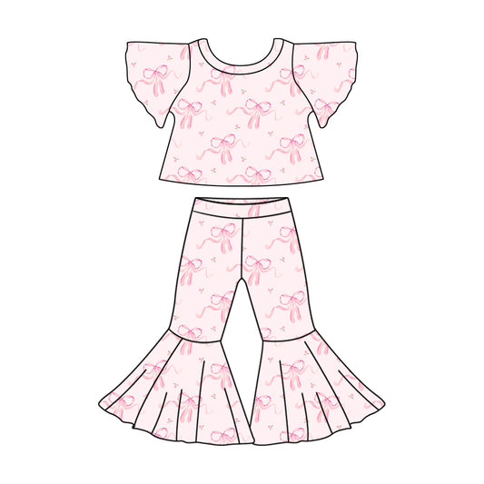 GSPO1827 Baby Girls Flutter Sleeve Pink Bows Shirt Bell Pants Clothes Sets Preorder