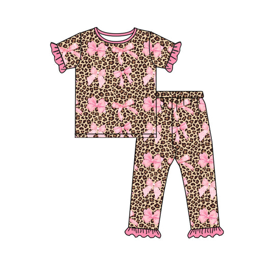 GSPO1828 Baby Girls Leopard Pink Bows Top Ruffle Pants Pajamas Clothes Sets Preorder