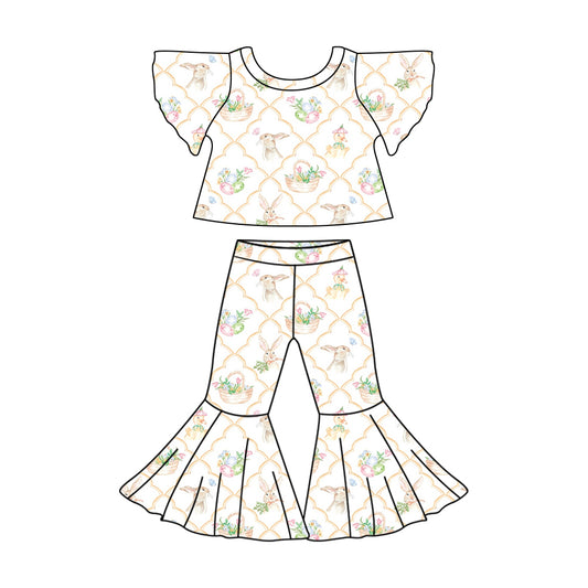 GSPO1829 Baby Girls Flutter Sleeve Flowers Rabbits Shirt Bell Pants Clothes Sets Preorder