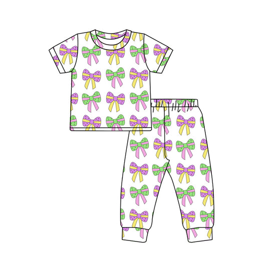 GSPO1830 Baby Girls Colorful Bows Mardi Gras Shirt Pants Pajamas Clothes Sets Preorder