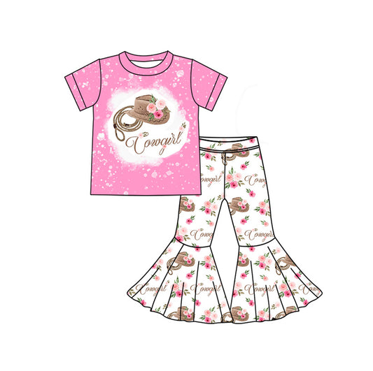 GSPO1834 Baby Girls Pink Cowgirl Flowers Tee Shirts Bell Pants Clothes Sets