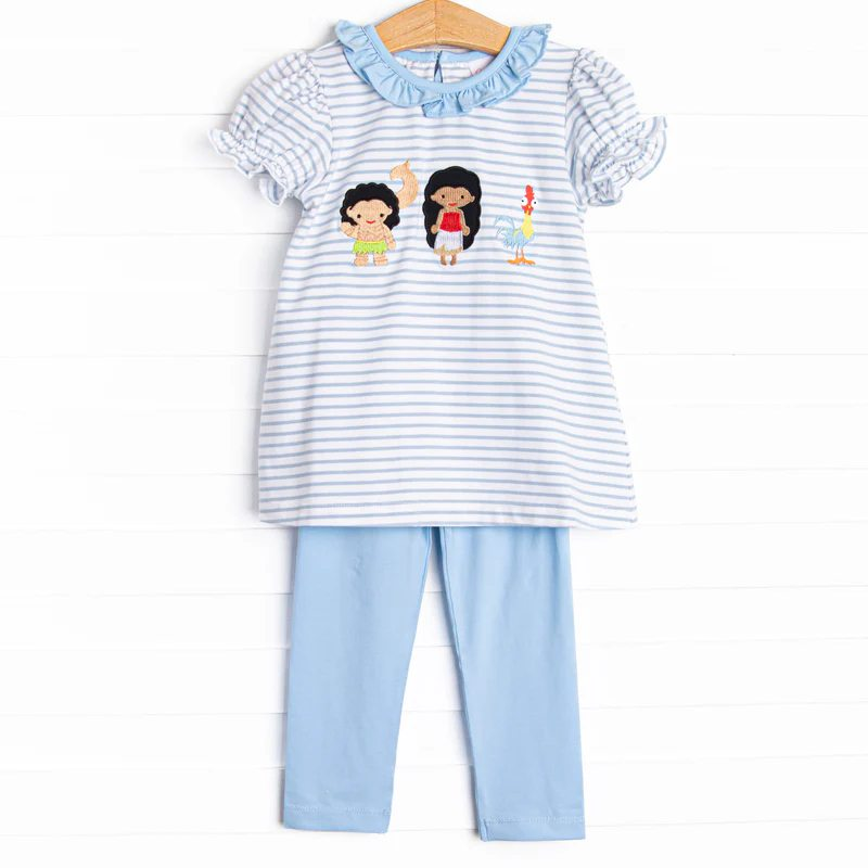 GSPO1835 Baby Girls Blue Stripes Princess Tunic Legging Clothes Sets