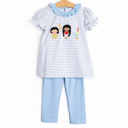 GSPO1835 Baby Girls Blue Stripes Princess Tunic Legging Clothes Sets