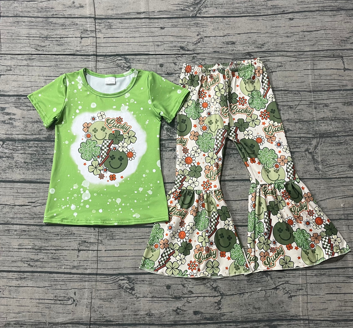 1.14 GSPO1876 Smple No Moq Baby Girls St Patrick Day Smile Quatrefoil Shirt Bell Pants Clothes Sets