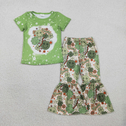 2.3 RTS NO MOQ （In stock）GSPO1876 Baby Girls Smile Clovers Shirt Top Bell Pants St Patrick Clothes Sets