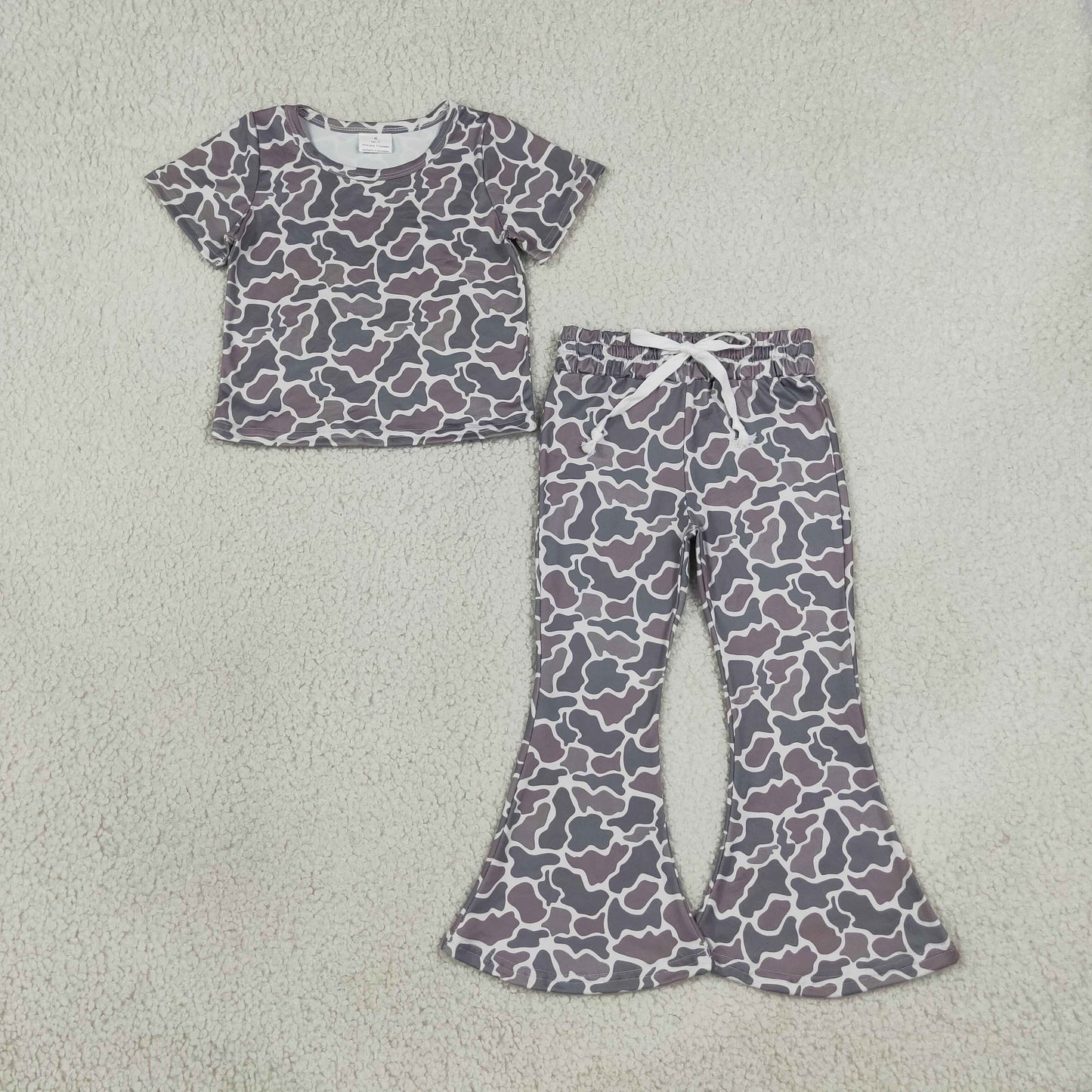RTS NO MOQ milk silk GSPO1889 Baby Girls Short Sleeve Camo Shirts Top Bell Bottom Pant Sets