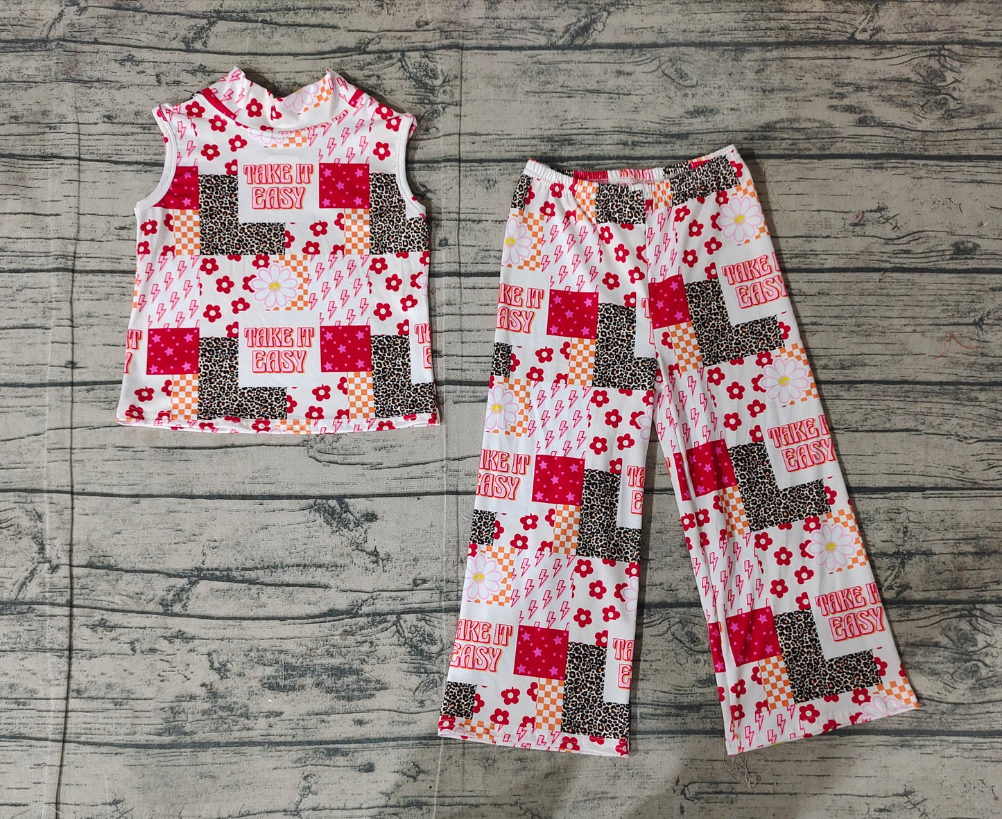 GSPO1952Floral Leopard Sleeveless Kids Girls Clothes 'Take It Easy' Casual Summer Fashion for Youngsters