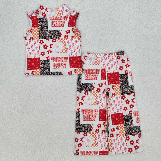 GSPO1952Floral Leopard Sleeveless Kids Girls Clothes 'Take It Easy' Casual Summer Fashion for Young Girls