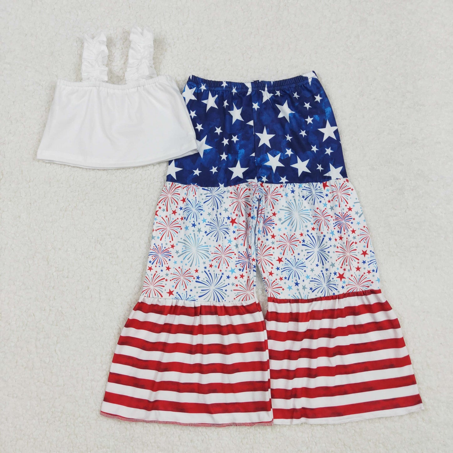 GSPO1959Girls Straps Top Stars Stripe Firework Pants Outfit 4th of July Patriotic Clothing Set for Kids