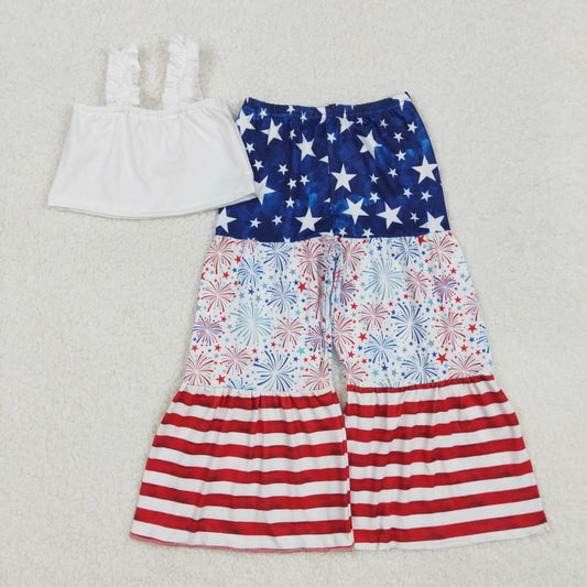 GSPO1959Girls Straps Top Stars Stripe Firework Pants Outfit 4th of July Patriotic Clothing Set for Kids