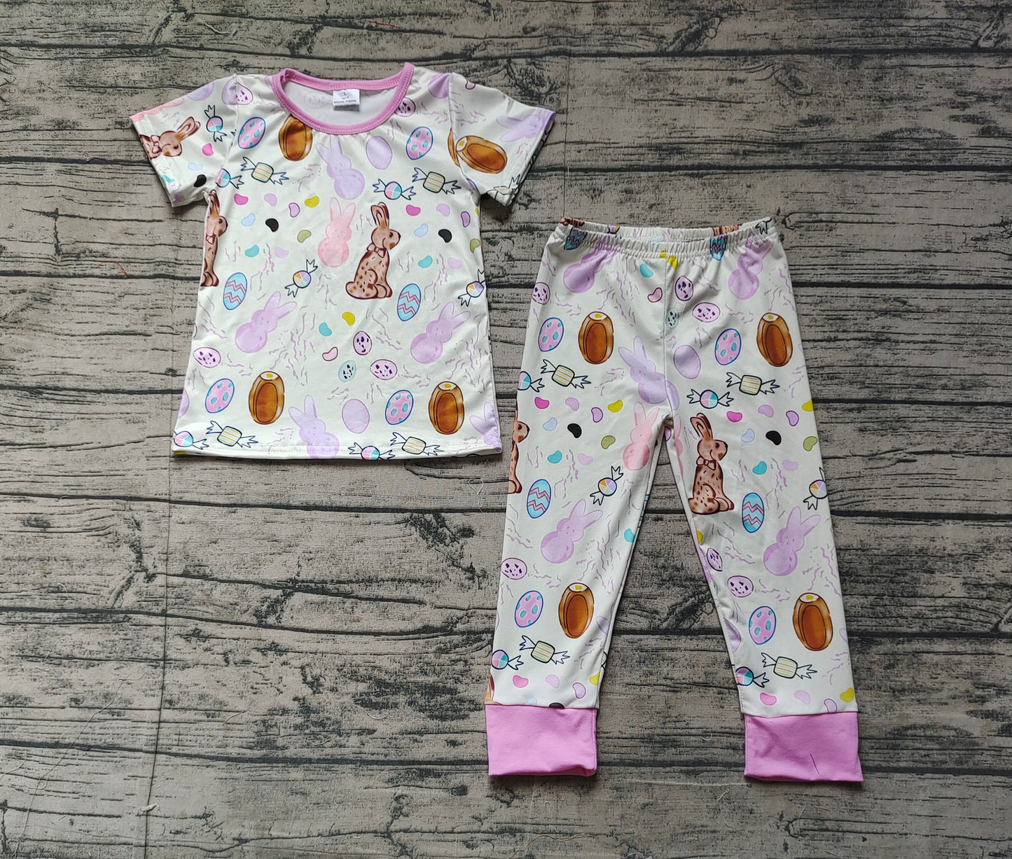 GSPO1960Kids Girls Short Sleeve Easter Pajamas Bunny Eggs Design Comfortable Sleepwear for Spring