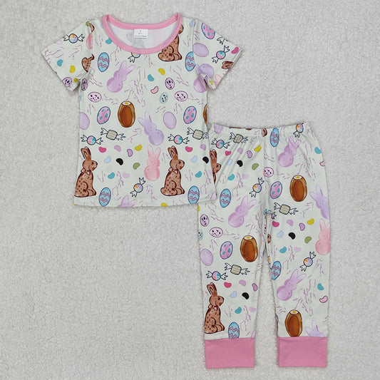 GSPO1960Kids Girls Short Sleeve Easter Pajamas Bunny Eggs Design Comfortable Sleepwear for Spring