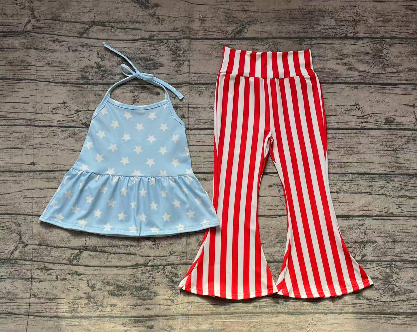 GSPO1974Light blue stars halter top stripe pants girls 4th of july clothes