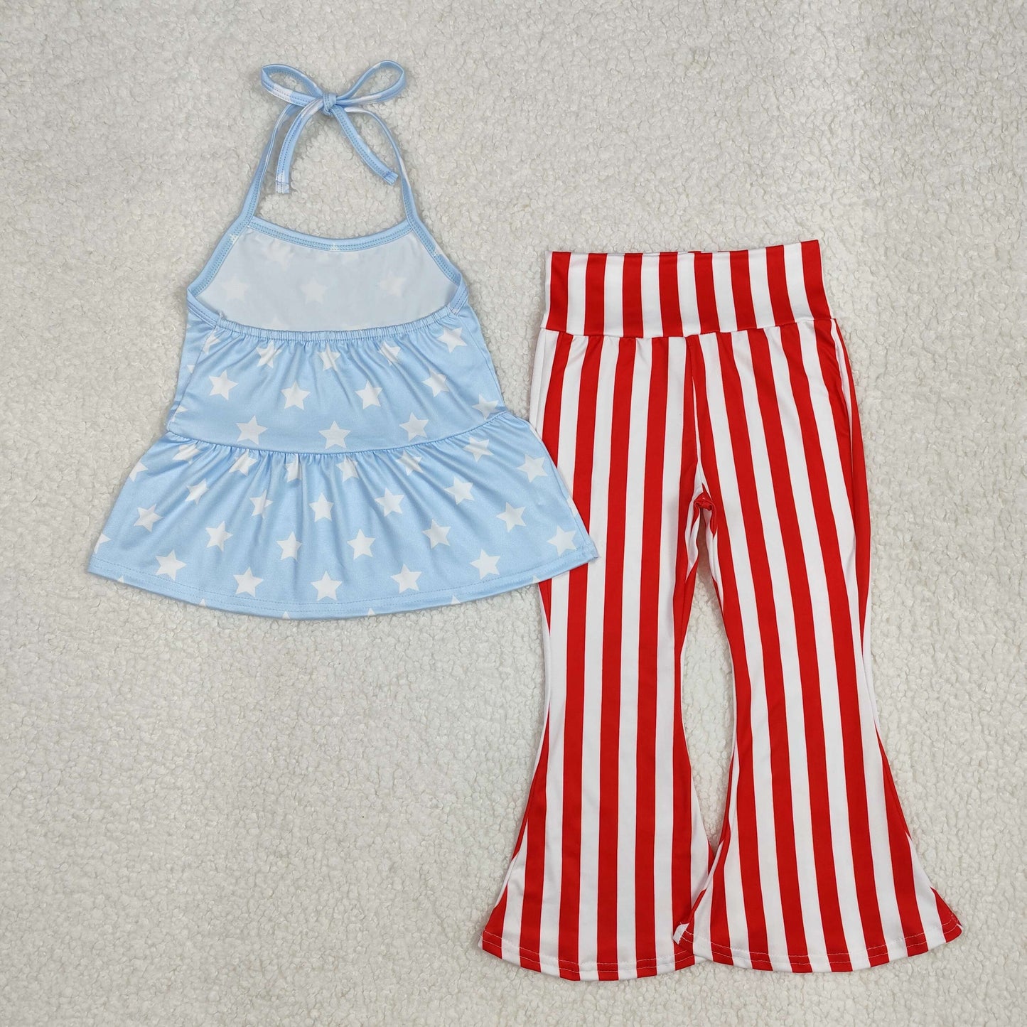 GSPO1974Light Blue Star Halter Top and Striped Pants for July 4th Girls