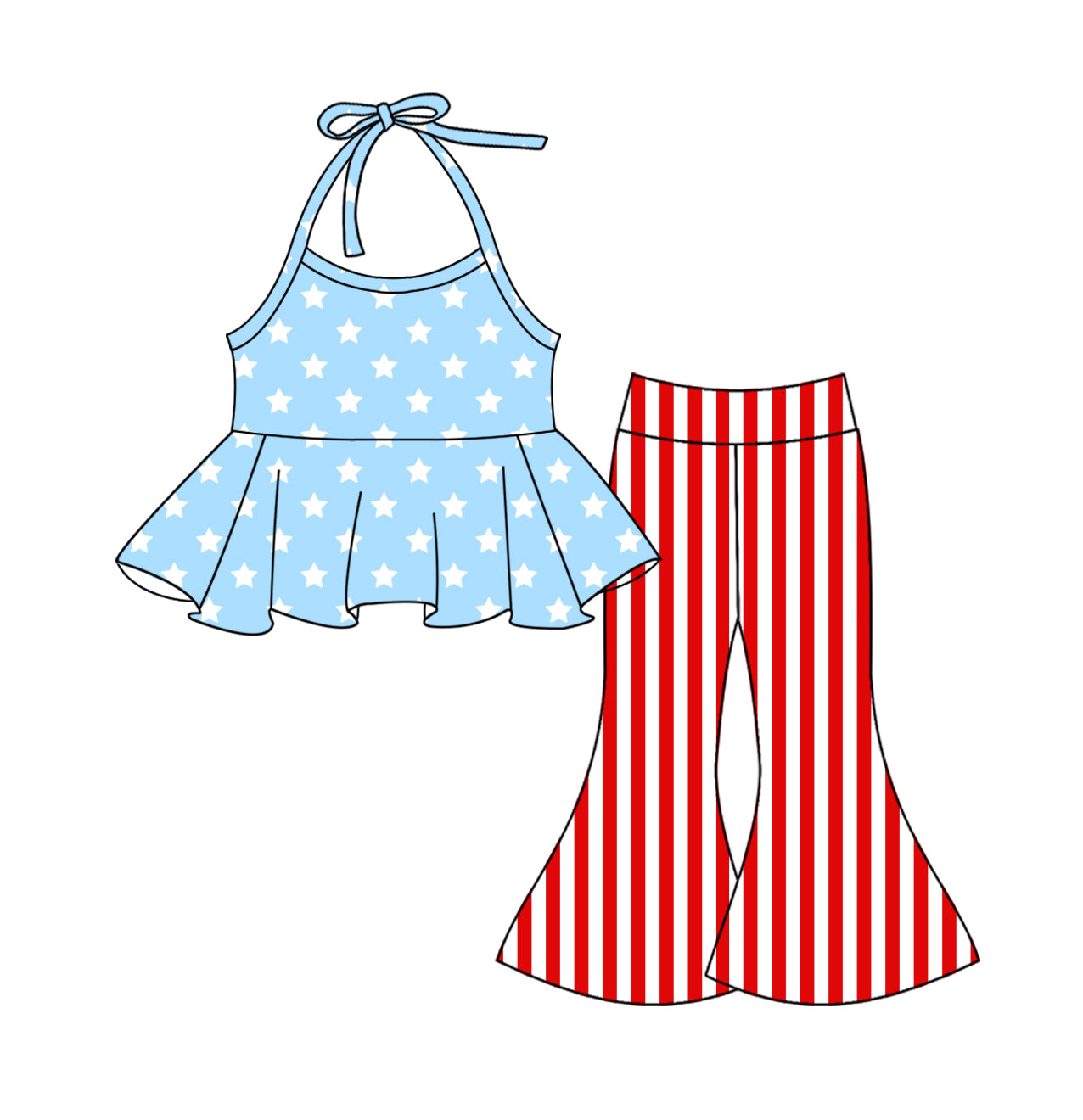flowers Light blue stars halter top stripe pants girls 4th of july clothes