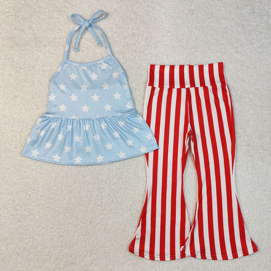 GSPO1974Light Blue Star Halter Top and Striped Pants for July 4th Girls