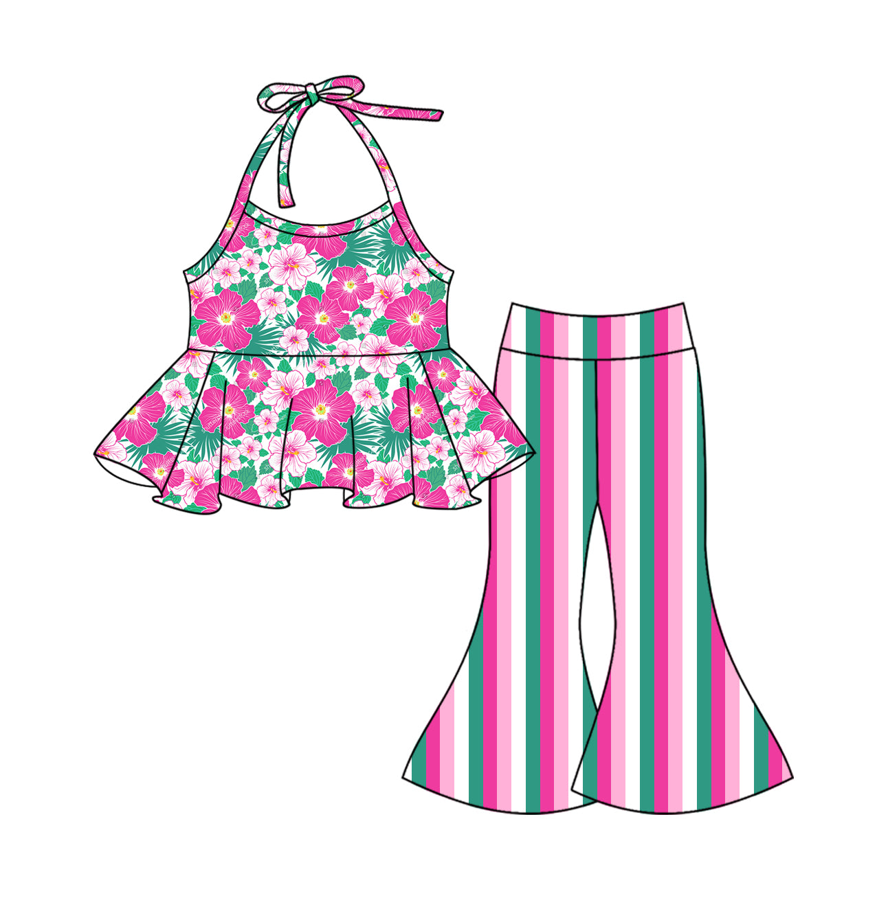 flowers Light blue stars halter top stripe pants girls 4th of july clothes