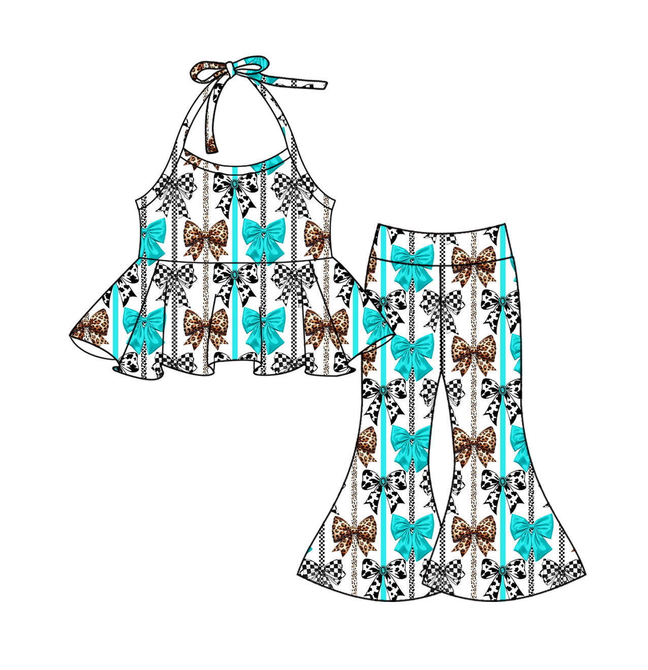 flowers Light blue stars halter top stripe pants girls 4th of july clothes
