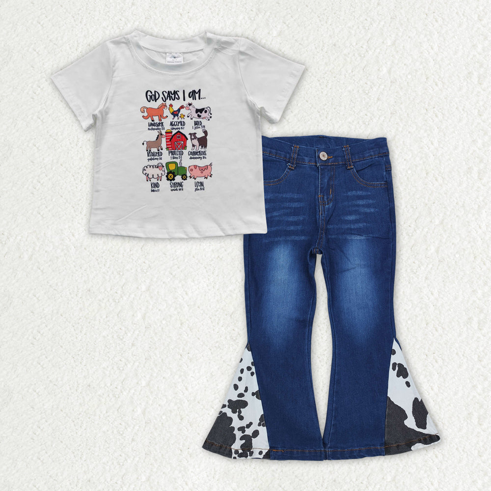 GSPO1981God says I am top cow print jeans girls clothing set