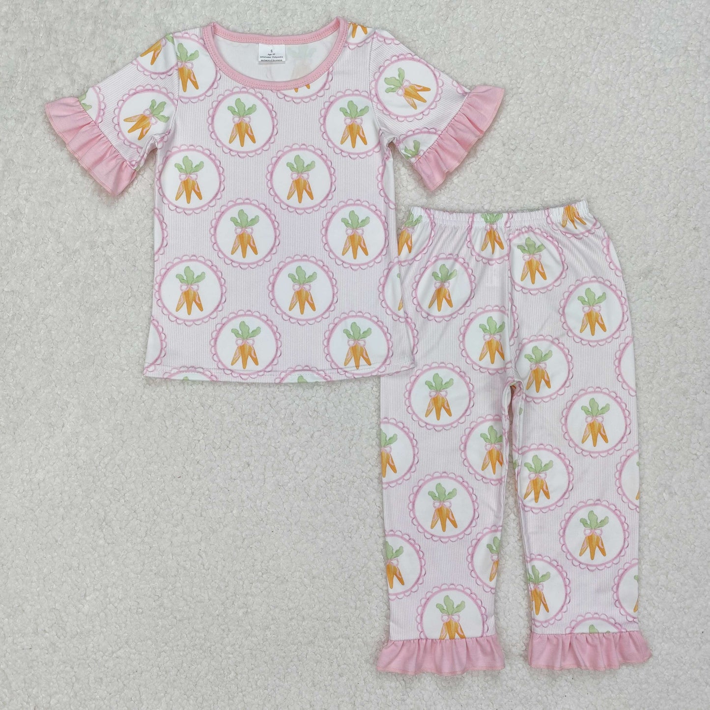 GSPO1992Kids Girls Pink Short Sleeve Carrot Print Easter Pajamas Comfortable Sleepwear for Children
