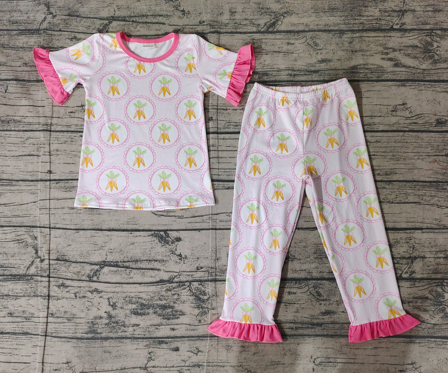GSPO1992Kids Girls Pink Short Sleeve Carrot Print Easter Pajamas Comfortable Sleepwear for Children