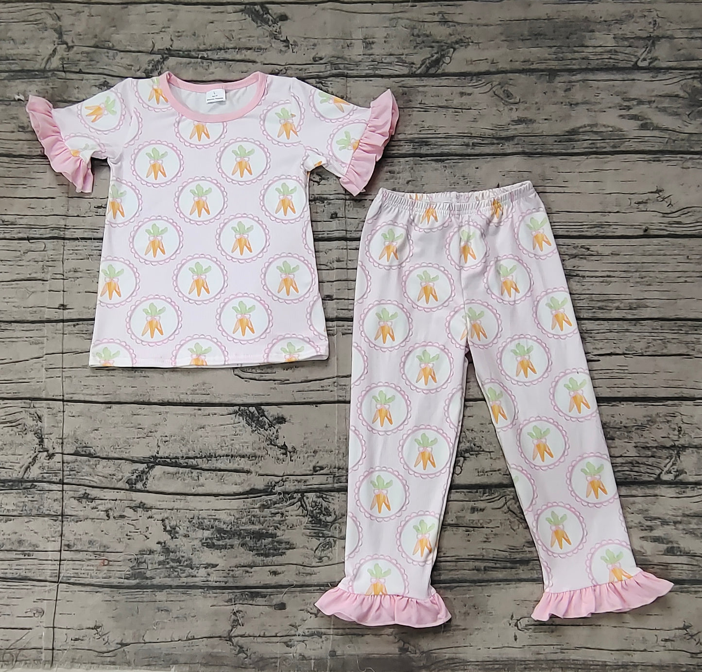 GSPO1992Adorable Pink Short Sleeve Carrot-Printed Easter Pajamas for Girls