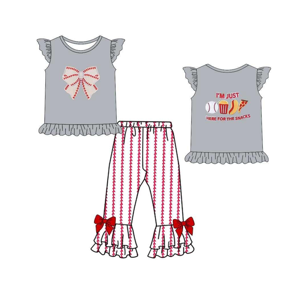 GSPO1993Girls Grey Baseball Snacks Top Ruffle Pants Outfit Cute Casual Set for Kids