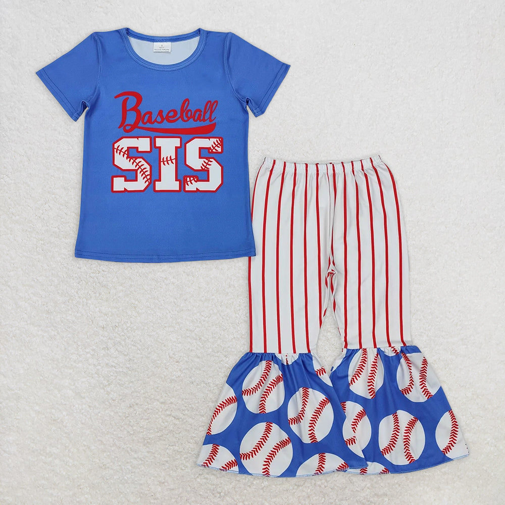 GSPO1994RTS NO MOQ Baby Girls Spring Outfits Blue Baseball Sister Top with Stripe Pants - Kids Girls Clothing Set