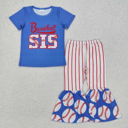 10.13 RTS Sibling Baby Girls Short Sleeve Baseballs Footballs Top Bell Bottom Pants Team Clothes Sets