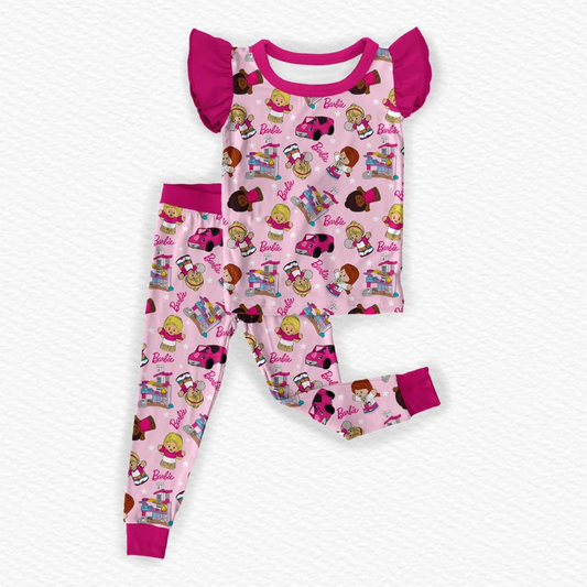 GSPO1996Girls Pajamas Set with Flutter Sleeves And Car Print Pants for Party Comfortable Sleepwear for Kids