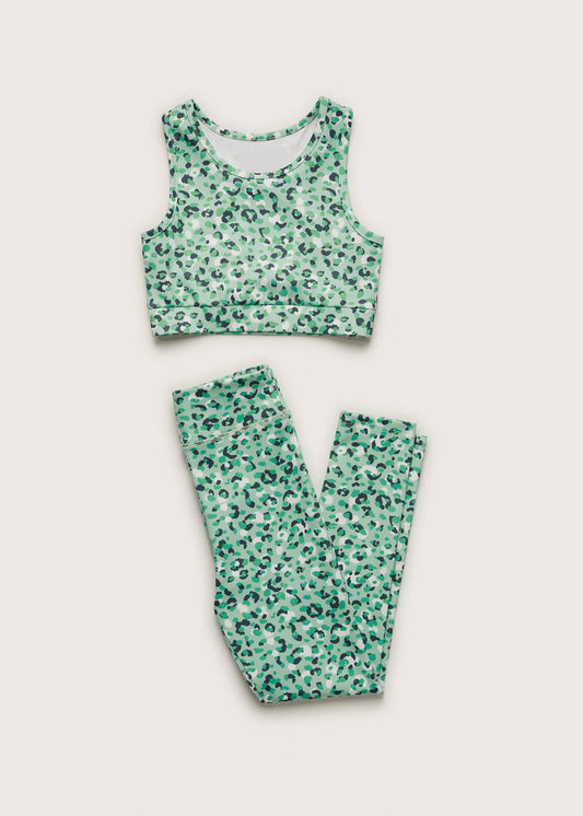 GSPO1997Kids Girls Green Leopard Tank Leggings Yoga Set - Comfortable Sportswear for Children