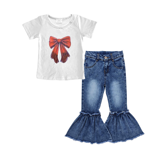 GSPO1998Kids Girls Brown Bow Top Short Sleeves Jeans Clothing Set Cute Children's Outfit