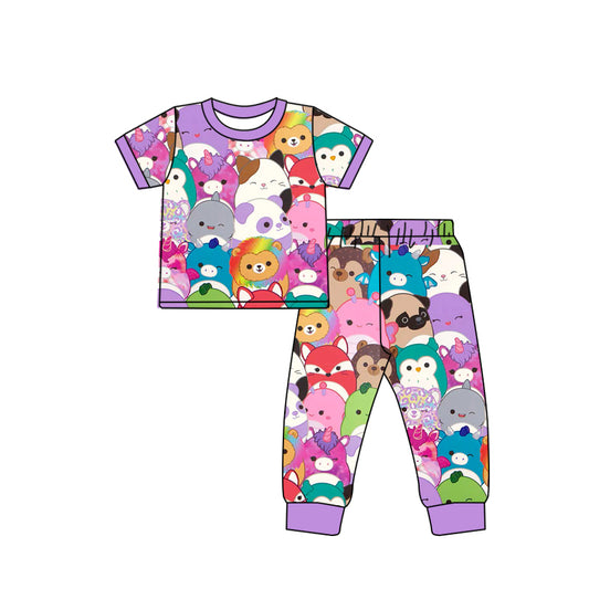 GSPO1999Kids Girls Purple Short Sleeve Pajamas Fox Pig Print Comfortable Sleepwear for Children