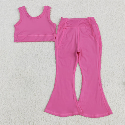 7.16  GSPO2002RTS NO MOQ Baby Girls Yoga Outfits Baby Girls Dark Pink Yoga Vest Bell Bottom Pants Active Wear Clothes Sets
