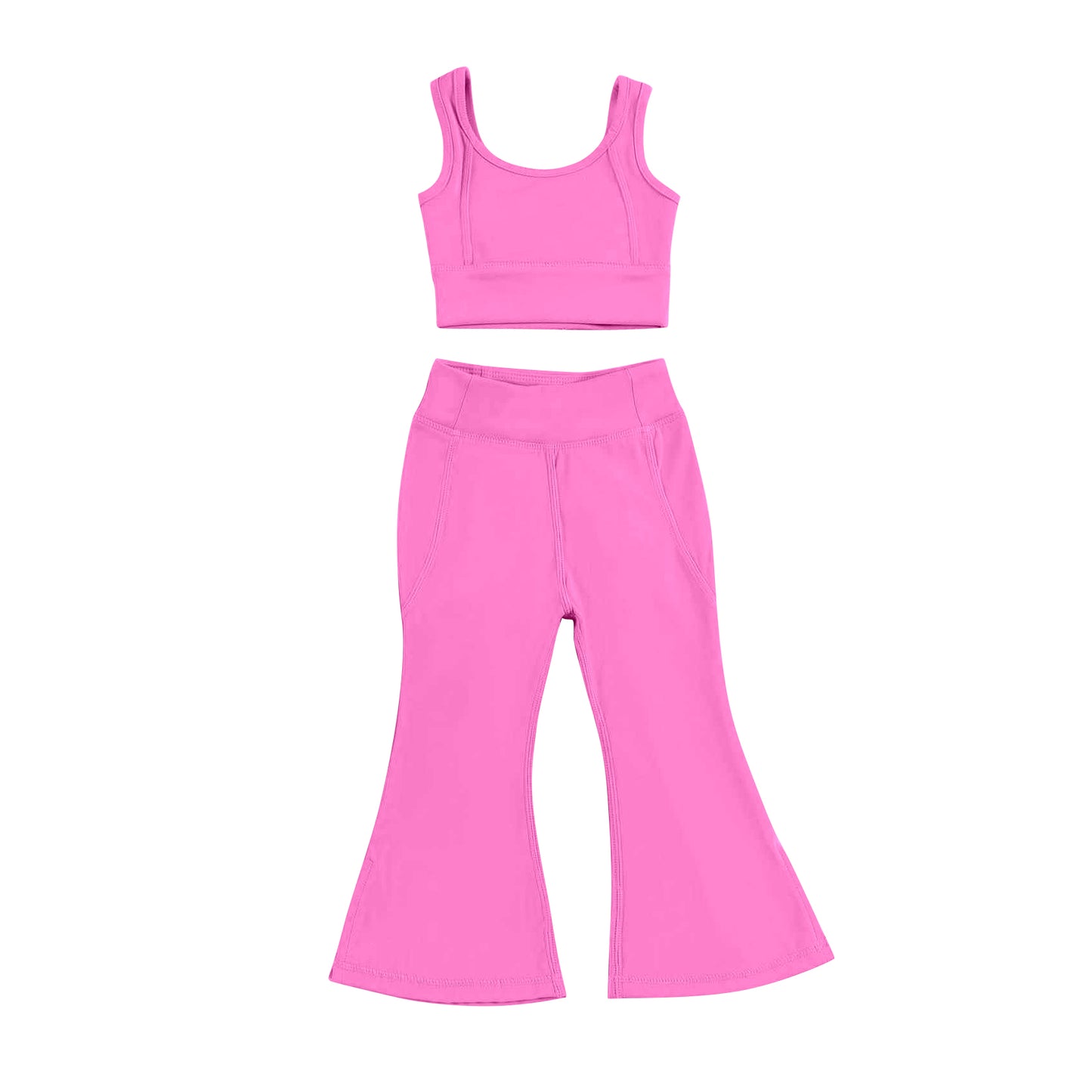 Hot Pink Fashionable Crop Top with Floral Yoga Pants for Little Girls