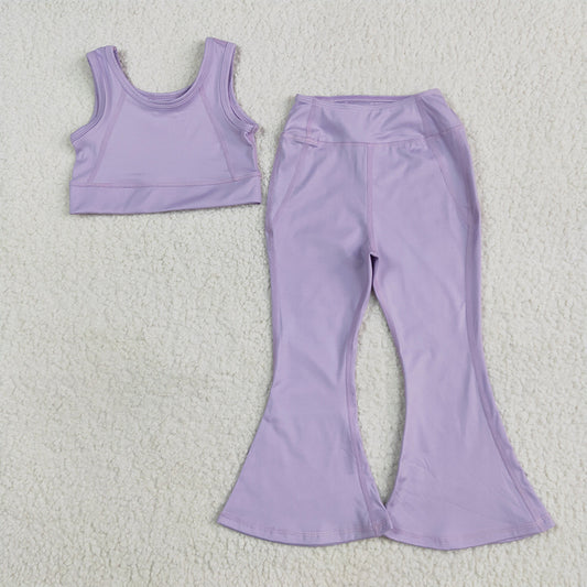 4.15 GSPO2006RTS NO MOQ Baby Girls Summer Yoga Outfits Lavender crop top floral pants kids girls yoga set
