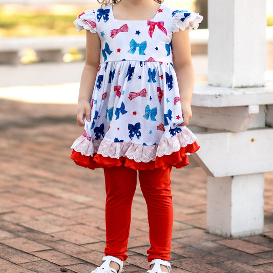 GSPO2007Girls Red Blue Bow Tunic Leggings Set 4th of July Patriotic Clothing Outfit