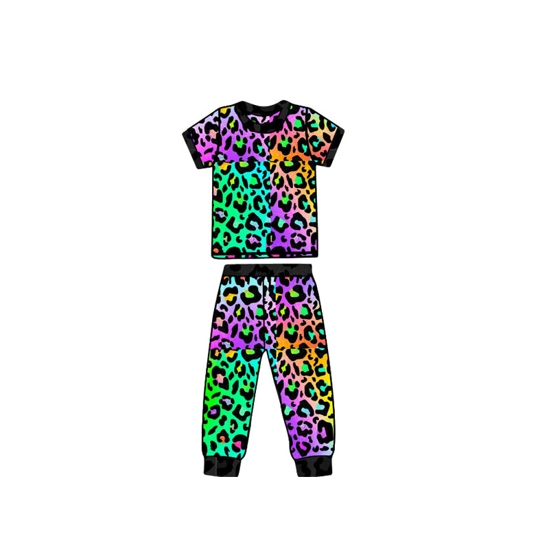 Colorful Leopard Print Short Sleeve Pajamas for Baby Kids Comfortable Sleepwear Soft Polyester Clothing