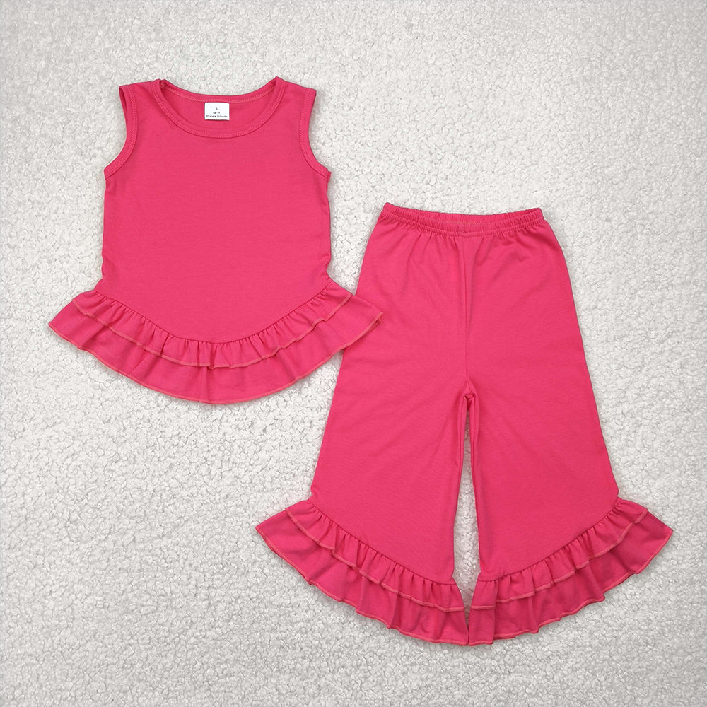 GSPO2009RTS NO MOQ Baby Girls Spring Outfits Kids Girls Hot Pink Sleeveless Ruffle Top Pants Set - Elegant Casual Outfit for Young Fashionistas